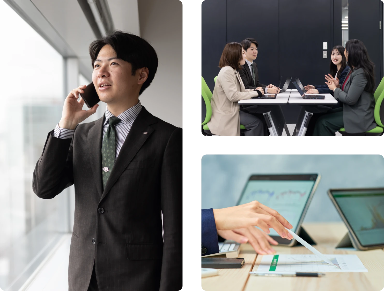 電話応対する社員、打ち合わせ風景、タブレットで資料を確認する様子